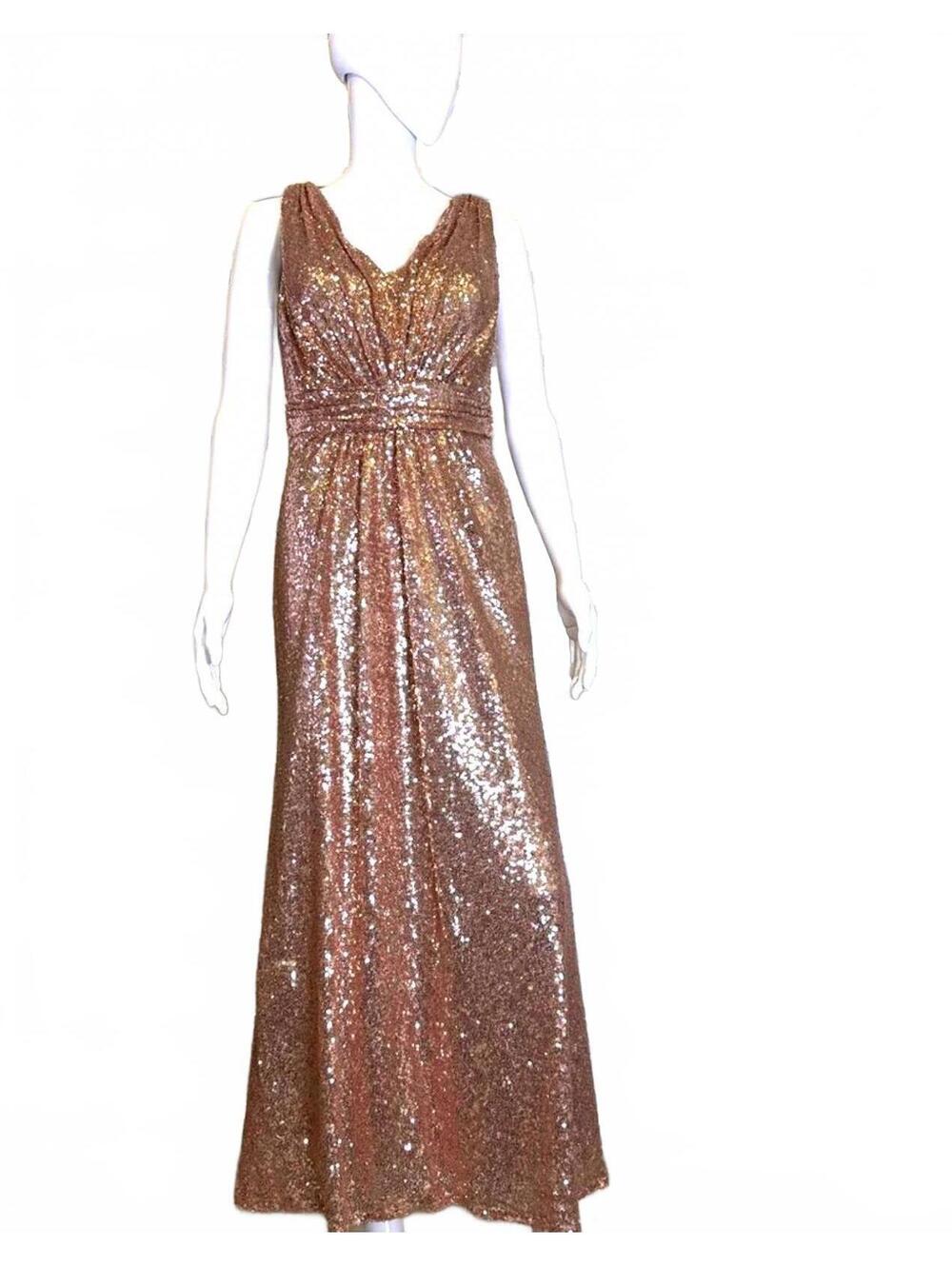 REVELRY PROM FORMAL GOWN 14 METALLIC ROSE GOLD SEQUIN V NECK MAXI ELEGANT NWOT